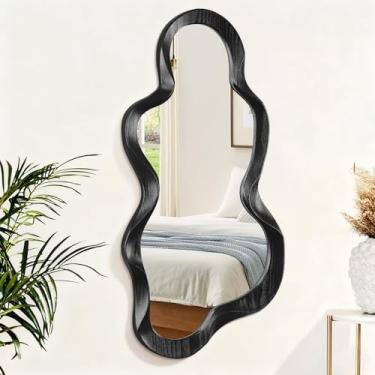 Imagem de Lzuso Espelho assimétrico espelho de parede irregular moldura de madeira moderna espelhos exclusivos lindos e elegantes espelhos ondulados de nuvem decorativos para vestiário, quarto, sala de estar