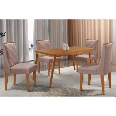 Imagem de Conjunto: Mesa de Cozinha Havana Tampo Curvo 120cm+4 Cadeiras Pietá Madeira Naturale - Capuccino/Linho Capuccino - Rufato