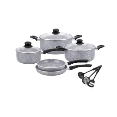Imagem de Conjunto de Panelas Antiaderente com Efeito Granito, de Alumínio, de Indução e a Gás, Cinza, Grafite e Branca, com Tampa de Vidro, Inclui 3 Utensílios (Espátulas) de Cozinha (Cinza Claro)