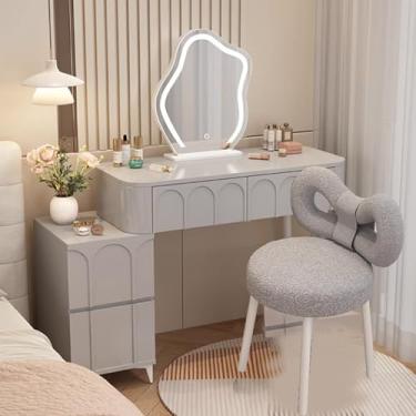 Imagem de Conjunto de mesa de maquiagem com espelho e cadeira de LED inteligente, penteadeira compacta para quartos modernos, ideal para espaços pequenos, peça de mobiliário elegante e funcional