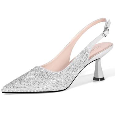 Imagem de LOCERICH Sapato social feminino de salto baixo, salto baixo, bico fechado, strass, bico fino, costas brilhantes, festa de casamento, Prata, 40