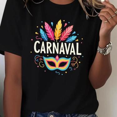 Imagem de Camisa Camiseta Feminina Carnaval Máscara Folia Bloco Pena Fantasia Fe