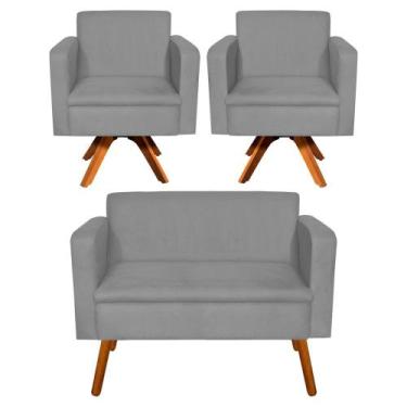 Imagem de Kit 01 Namoradeira e 02 Poltronas Giratória Emília Suede Base Madeira 