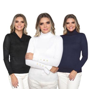 Imagem de Kit 3 Blusa Feminina Tricô Deconte V Gola Alta Manga Botão Lã Lisa Inv