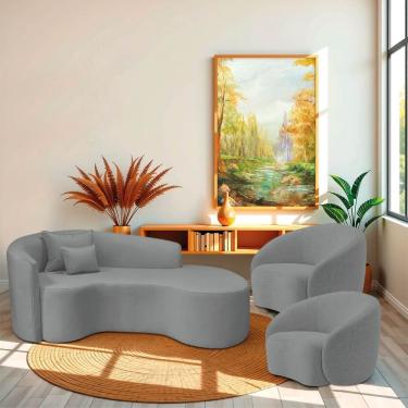 Imagem de Kit Recamier Curvo Sala De Estar Inglaterra 200cm Lado Direito E 2 Poltronas Orgânica Luxo Amore Bouclé Cinza