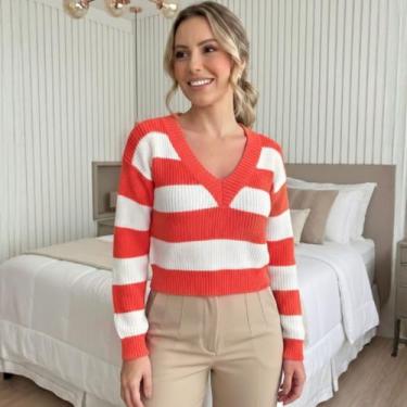 Imagem de Blusa Tricot Manga Longa Gola V Listra - Vitrine Collection, Goiaba, U