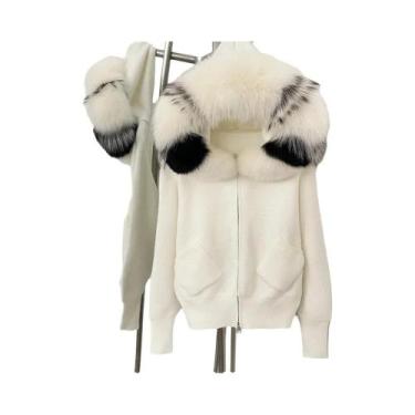 Imagem de Cardigã Feminino Com Capuz E Gola De Pele De Raposa Real, Jaqueta Tric