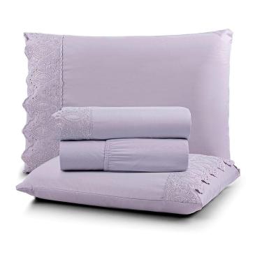 Imagem de Jogo De Lençol Nobre Casal 4 Peças Micropercal 200 Fios Bordado Inglês Fino - Bruma Lilás - 100% Poliéster