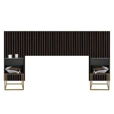 Imagem de Cabeceira Casal Queen e King Adesiva Ripado Com 2 Mesas de Cabeceira S