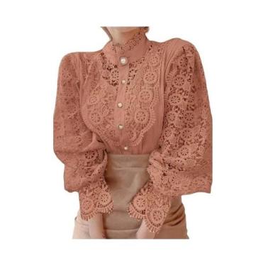 Imagem de Camisa Elegante De Renda Para Mulheres Com Gola Alta E Manga Em Forma 