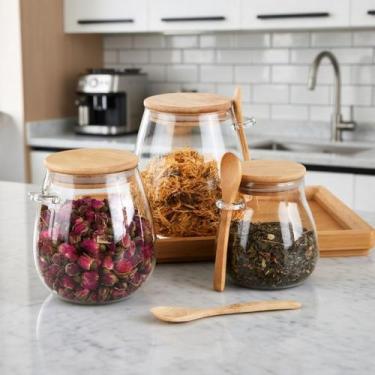 Imagem de Kit 3 Potes Estilo Bulbo Vidro Hermético Tampa Bambu Colher - Wincy