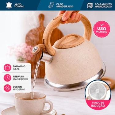 Imagem de Chaleira Com Apito 3L Bico Inox Cabo Amadeirado Acabamento Marmorizado