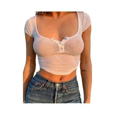 Imagem de Blusa Cropped Feminina Branca Transparente Com Decote Em V, Moda De Ve