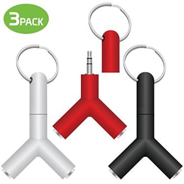 Imagem de Pacote com 3 adaptadores de divisor de áudio e chaveiro Y de 3,5 mm macho para adaptador fêmea duplo de 3,5 mm da Cellet – preto, branco e vermelho
