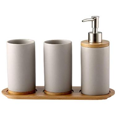 Imagem de Onepine Conjunto de banheiro de cerâmica de 4 peças inclui bomba de dispensador de sabão, suporte de escova de dentes, copos, bandeja de madeira