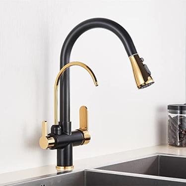 Imagem de Guindaste filtrado preto fosco para cozinha pull out spray 360 rotação torneira filtro de água três vias torneira misturador de cozinha, tipo a, ouro preto, china