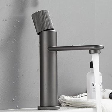 Imagem de Torneira de pia de latão do banheiro, alça única, lavatório, água fria, quente, misturador, torneira, montagem no deck, fosco, alta, torneira de pulverização curta, cinza a (curto), china