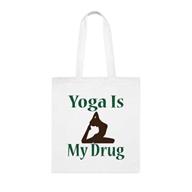 Imagem de Yoga Is My Drug Sacola, presente divertido, bolsa de ombro, bolsas reutilizáveis, cesta de Natal de aniversário, ideia de presente, Branco