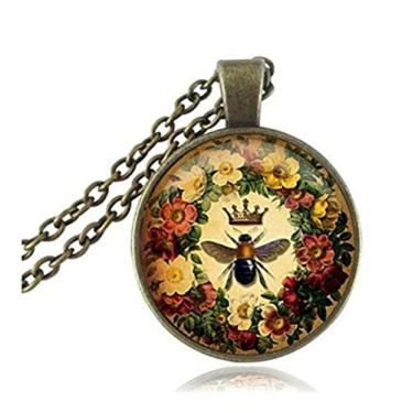 Imagem de Colar Queen Bee Flower Jewelry Animal Honeybee Cabochão Pingente Letra Joia Corrente Bronze Antigo Sem Pescoço Joias Femininas