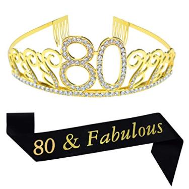 Imagem de Tiara de Ouro de 80º Aniversário e Faixa de Cetim com Glitter e Cristal Coroa de Tiara de Strass para Feliz 80º Aniversário Artigos de Festa Decorações Favoritos Topper de Bolo de 80º Aniversário