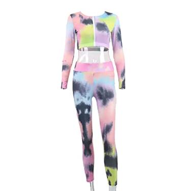 Imagem de Yajun Roupas de ginástica de ioga sem costura impressão tie dye moda manga longa com zíper top leggings conjunto de duas peças roupas esportivas fitness, preto, P (busto: 84 cm)