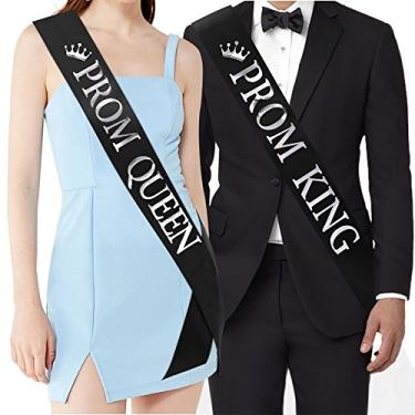 Imagem de Faixas "Prom King" e "Prom Queen" - Acessórios de festa de formatura para festa escolar, preto com estampa prateada