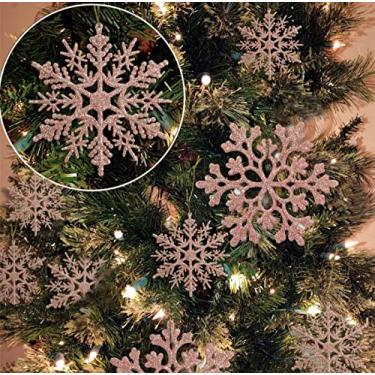 Imagem de 36 peças de enfeites de flocos de neve de ouro rosa de Natal com glitter de plástico para decorações de árvore de Natal de inverno, tamanho variável de flocos de neve artesanais