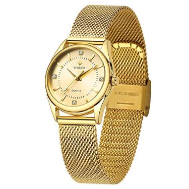 Imagem de Relógio feminino WWOOR de quartzo analógico com pulseira de malha de aço inoxidável à prova d'água e relógio de pulso casual feminino..., Full Gold