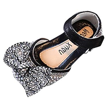 Imagem de Sandálias de moda primavera e verão para meninas sapatos de dança pérola lantejoulas laço brilhante chinelos de gato meninas (preto, 2,5 a 3 anos)