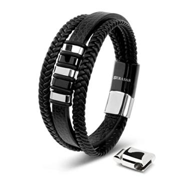 Imagem de SERASAR | Pulseira de couro genuíno premium [Glory] para homens em preto | Fecho magnético de aço inoxidável em prata e ouro | Caixa de joias exclusiva | Ótima ideia de presente, 20cm, Couro, Sem