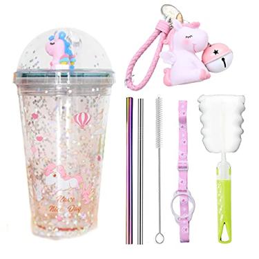 Imagem de seelucky Copo de viagem infantil unicórnio com canudo copo para beber gelo congelador caneca gelada para piquenique festa aniversário (coelho unicórnio, 430 ml)