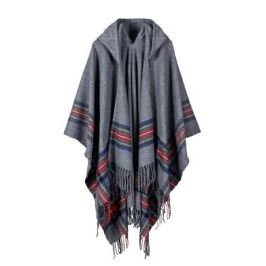 Imagem de Mulheres malha poncho capa com capuz listra oversized cardigan suéter longo xale cachecol pashmina