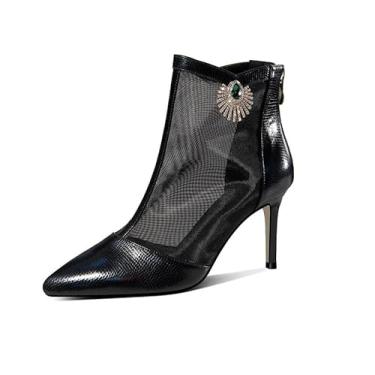 Imagem de KAGAA Sapatos femininos sexy de couro genuíno bico fino com zíper, salto agulha salto alto com cristais de 8 cm sandálias femininas feitas à mão th2598s, Preto, 8