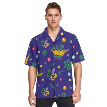 Imagem de Camisa masculina havaiana de botão manga curta Mardi Gras lírio francês roxo verde amarelo estampado camisa de Playa para, Carnaval de carnaval fofo de carnaval colorido, 3G
