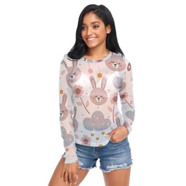Imagem de Camiseta feminina de malha com gola redonda e gola redonda fofa de coelho e flores, Desenho fofo de coelho e flores, G