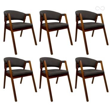 Imagem de Kit 6 Cadeiras de Jantar com Braço Estofada Madeira Ravena Curva Marrom Café CCS
