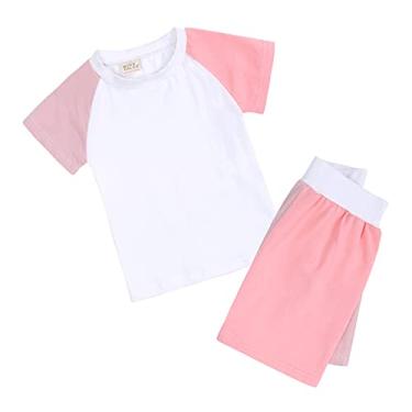 Imagem de Metaxas Camiseta infantil unissex de verão para bebê, 2 peças, patchwork, algodão, 2 peças, roupas de dormir, rosa, 13-14 Anos