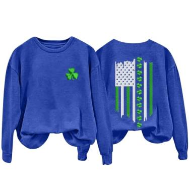 Imagem de Camiseta feminina do Dia de São Patrício com estampa de trevo da Irlanda verde moletom com bandeira americana trevo pulôver tops casuais, Azul, 4G