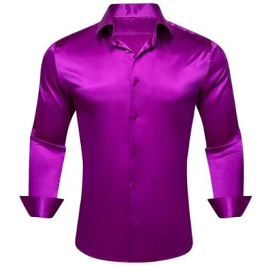 Imagem de Camisas masculinas de seda de designer de cetim roxo liso liso manga longa slim blusa masculina casual formal respirável, 0521, M