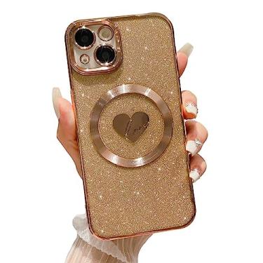 Imagem de HYUEKOKO Capa para iPhone 15 Plus de 6,7 polegadas com Magsafe, capa magnética com glíter de coração banhado para mulheres e meninas, capa traseira de proteção de câmera TPU para iPhone 15 Plus Gold