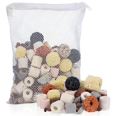 Imagem de Segarty Meio filtrante, 12 em 1 bio mídia para aquário filtro de reservatório anéis de cerâmica bolas biológicas de carbono ativado meios de filtro biológico marinho de água doce para tanques de peixes Koi (450 g com saco de malha)