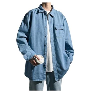 Imagem de Camisa jeans masculina, manga comprida, botões frontais, cor sólida, gola aberta, bolsos frontais, Azul claro, G