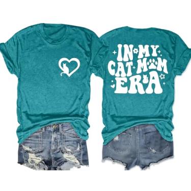 Imagem de Camisetas femininas Cat Mamãe: in My Cat Mom Era, presente para amantes de gatos, camisetas de manga curta com estampa fofa, Ciano, GG