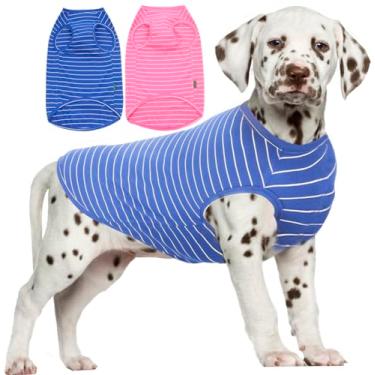 Imagem de Sychein Camiseta de algodão penteado para cães, secagem rápida, camisetas de verão para filhotes grandes, meninos, meninas, azul, rosa, listrado, G