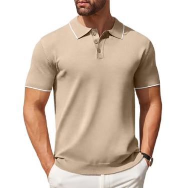 Imagem de COOFANDY Camisa polo masculina de malha casual manga curta abotoada camisa polo clássica de golfe, Cáqui branco listrado, 3G