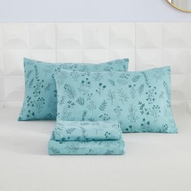 Imagem de Usfivefam Jogo de lençol solteiro, estampa floral, azul, microfibra escovada, macio, com bolso profundo de 44,5 cm, 4 peças, lençol floral estilo vintage para cama de solteiro