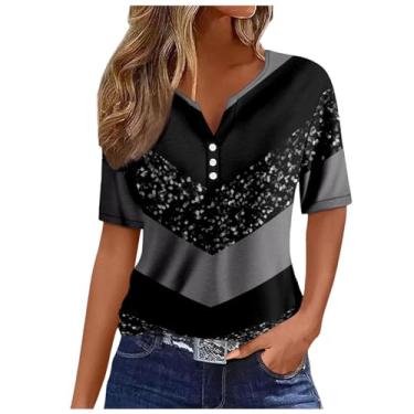 Imagem de Blusas femininas de verão 2024 da moda manga curta com estampa brilhante patchwork casual camisas com botão Henley gola V túnica blusas, Preto, G