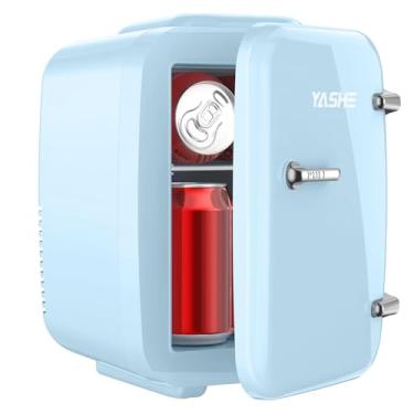 Imagem de YASHE Mini geladeira para quarto, geladeira pequena de 4 litros/6, refrigerador e aquecedor termoelétrico AC/DC para bebidas, escritório, dormitório, carro, azul