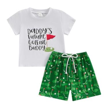 Imagem de BULINGNA Conjunto de roupa infantil de verão com duas peças Daddy's Future Golfing Buddy camiseta top shorts de golfe roupas engraçadas, Branco, verde, 12-18 Meses