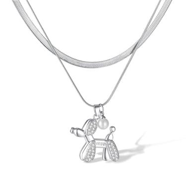 Imagem de Blowin Colar de aço inoxidável prata de camada dupla animal balão cão pingente 3D fofo animal poodle amizade colares delicados em camadas para mulheres, BW21RBSN60, Aço inoxidável, Zircônia cúbica